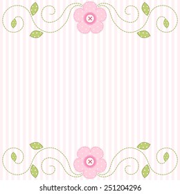 Cute retro spring card as patch fabric applique of flowers; can be used as wedding, birthday, baby or bridal shower invitation