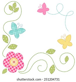 Cute retro spring card as patch fabric applique of flowers and butterflies