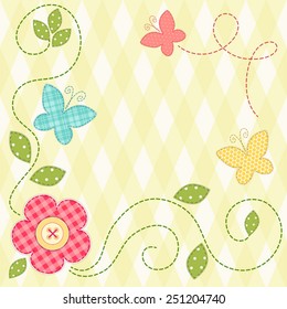 Cute retro spring card as patch fabric applique of flowers and butterflies