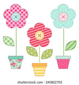 Cute retro spring flowers in pots as fabric patch applique 