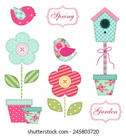 Cute retro spring and garden elements as fabric patch applique of bird house, flowers in pots and birds