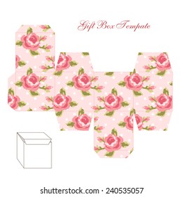 Cute retro square gift box template with floral shabby chic ornament, to print, cut and fold!