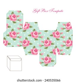 Cute retro square gift box template with floral shabby chic ornament, to print, cut and fold!