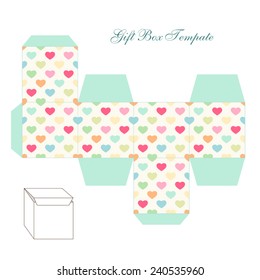 Cute retro square gift box template with hearts ornament, to print, cut and fold!