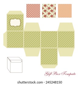 Cute retro square gift box template with shabby chic ornament to print, cut and fold!