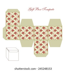 Cute retro square gift box template with shabby chic ornament to print, cut and fold!