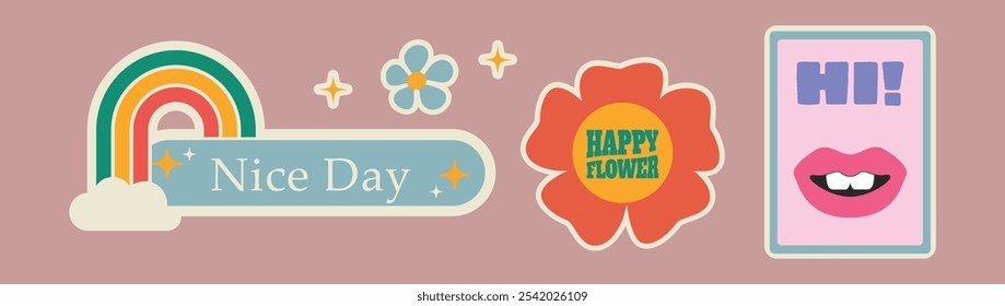 Conjunto de Vector de pegatina retro lindo con arco iris de buen día, flor feliz y divertido mensaje de bienvenida para Ilustraciones alegres de Antiguas

