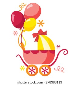 Cute retro stroller balloon gift vector stock illustration.