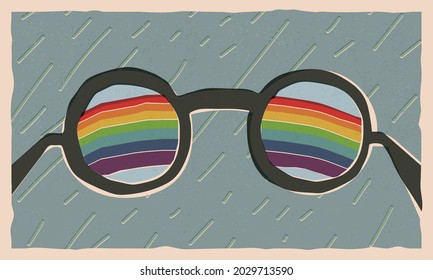 Cute retro style banner, card design. Mental health, good vibes, positive thinking which changing reality concept. Rainy weather outside, but a rainbow is visible through round eyeglasses.