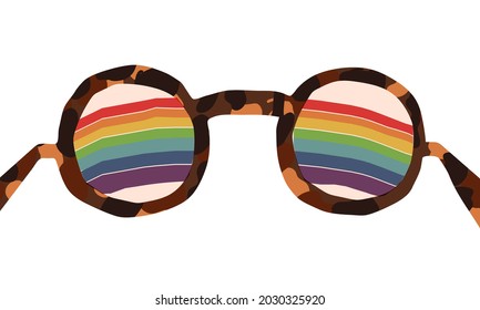 Cute retro style banner, card design. Mental health, good vibes, positive thinking which changing reality concept. A rainbow is visible through round lenses of eyeglasses. Turtle shell spectacle frame