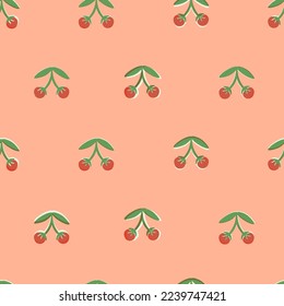 Cute retro style cherry fruit seamless pattern with 50s, 60s, 70s vibes. Vintage backdrop. Vector illustration for wallpaper, wrapping paper, textile, fabric print and other design.