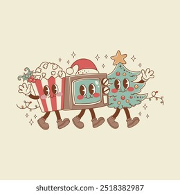 Cute retro style christmas illustration of tv walked with popcorn and christmas tree to watch christmas movies