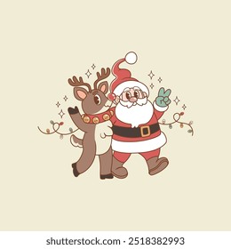 Cute retro style christmas illustration of reindeer and santa walking together