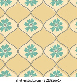 Cute retro style floral seamless pattern with 50s, 60s, 70s vibes. Vintage backdrop. Vector illustration for wallpaper, wrapping paper, textile, fabric print and other design. 