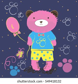 Cute retro style teddy bear character is standing and holding a pink floating balloon, cartoon vector illustration on a dark blue background. Bear character with yellow ball