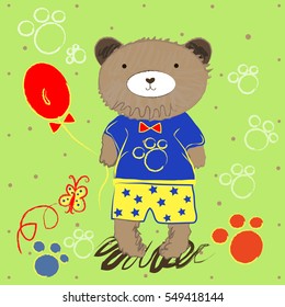 Cute retro style teddy bear character is standing and holding a red floating balloon, cartoon vector illustration on a green background. Bear character with yellow ball