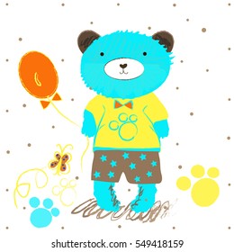 Cute retro style teddy bear character is standing and holding an orange floating balloon, cartoon vector illustration on a white background. Bear character with yellow ball