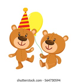 Cute retro style teddy bear characters, standing in birthday cap and sitting with balloon, cartoon vector illustration isolated on white background. Teddy bear character, birthday party