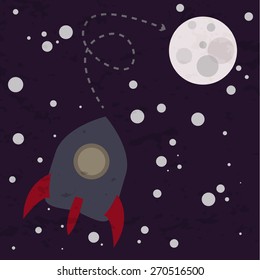 Cute retro stylized illustration of a cute blue and red rocket flying towards moon in space full of stars