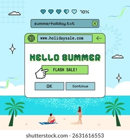Cute retro summer sale pop up window with beach scene illustration
