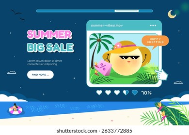 Cute retro summer sale pop up window with beach scene illustration