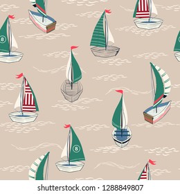Cute and retro  Summer Seamless pattern in vector hand drawn boat on the ocean  design for fashion,fabric,web,wallpaper,and prints on light beige background color
