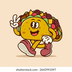 Cute retro taco mascot cartoon character in vintage style. Fun and colorful design perfect for food illustration, sticker, poster, logo, and more