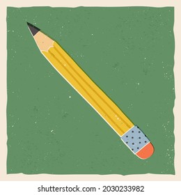 Cute retro Teacher's Day, Back to school card, banner design. Hand-drawn yellow pencil with eraser on textured green background. Vector vintage style illustration.