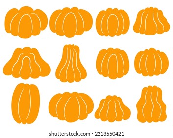 Cute retro textured pumpkin funny pumpkins with different faces isolated vector symbols set Happy halloween pumpkin characters.