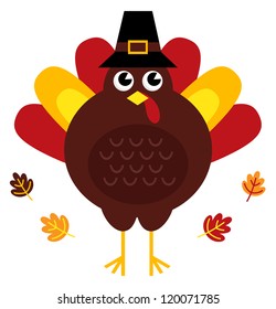 Cute retro thanksgiving turkey with hat isolated on white