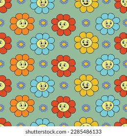 Cute retro trendy cartoon character flower seamless pattern. Smilling daisy. 
