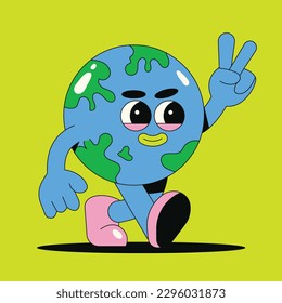 Cute retro trendy cartoon character earth illustration 02
