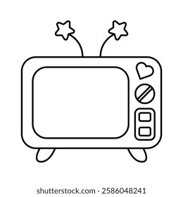 Cute Retro TV with Antennas and Buttons Vector Outline Illustration. Black and white vector illustration of a retro television with star-shaped antennas and playful buttons.