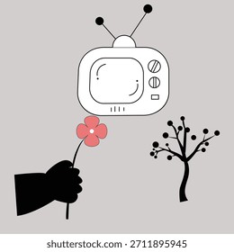 Flor de apoio de robô de TV retro bonito - Ilustração de vetor mínima