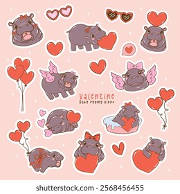 Cute Retro Valentine Baby Pygmy Hippo Hand Drawn Sticker Collection