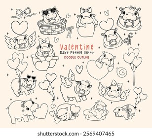 Cute Retro Valentine Baby Pygmy Hippo Doodle Outline Hand Drawn set