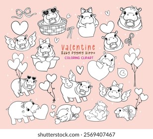 Cute Retro Valentine Baby Pygmy Hippo Doodle Hand Drawn Coloring Image set Black and White