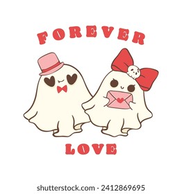 cute retro valentine ghost couple - spooky love doodle in kawaii style