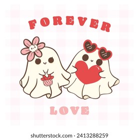 cute retro valentine ghost couple - spooky love doodle in kawaii style