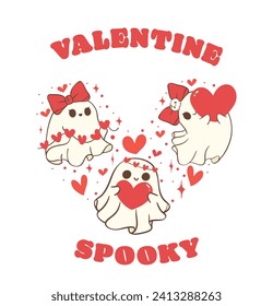 bonito fantasma retro valentino formado en forma de corazón, diseño de camisa de dibujo de la mano de doodle espeluznante de San Valentín.