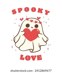 cute retro valentine ghost with heart, Valentine spooky love doodle in kawaii style hand drawing, shirt design.