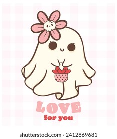 cute retro valentine ghost with love heart basket, kawaii Valentine spooky love doodle hand drawing, greerting card, shirt design.