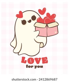 cute retro valentine ghost with love box, kawaii Valentine spooky love doodle hand drawing, greerting card, shirt design.