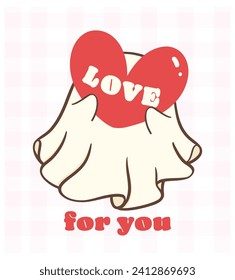 cute retro valentine ghost with love heart, kawaii Valentine spooky love doodle hand drawing, greerting card, shirt design.