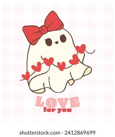 cute retro valentine ghost with love hearts, kawaii Valentine spooky love doodle hand drawing, greerting card, shirt design.