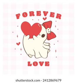 cute retro valentine ghost with red heart, spooky love doodle in kawaii style hand drawing.
