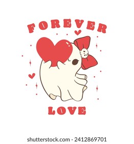 cute retro valentine ghost with red heart, spooky love doodle in kawaii style hand drawing.