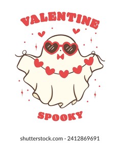 cute retro valentine ghost, Valentine spooky love doodle in kawaii style hand drawing, shirt design.