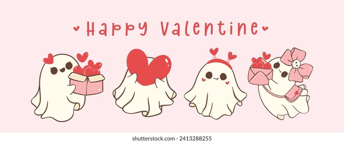cute retro valentine ghosts set banner, spooky love doodle in kawaii style