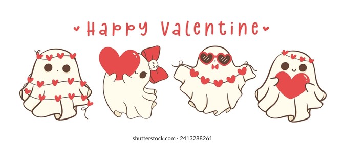 cute retro valentine ghosts set banner, spooky love doodle in kawaii style